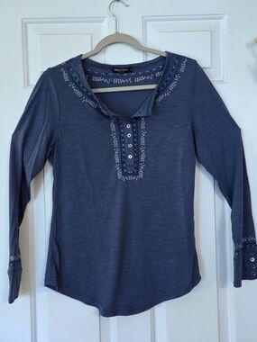 Urban Coco Light Blue Long Sleeve Henley w Floral & Geometric Embroidered Detail